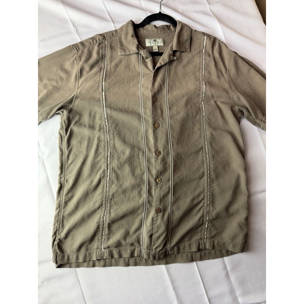 Island Shores Shirt Adult XL Brown Stripes Washable Silk Button Up Camp Hawaiian
